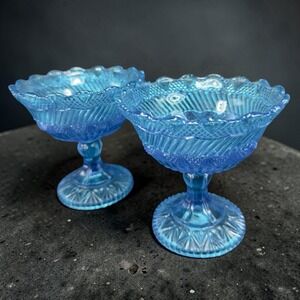 Vintage Blue Depression Glass Cups Goblets Set 2 Footed Cups Containers Decor